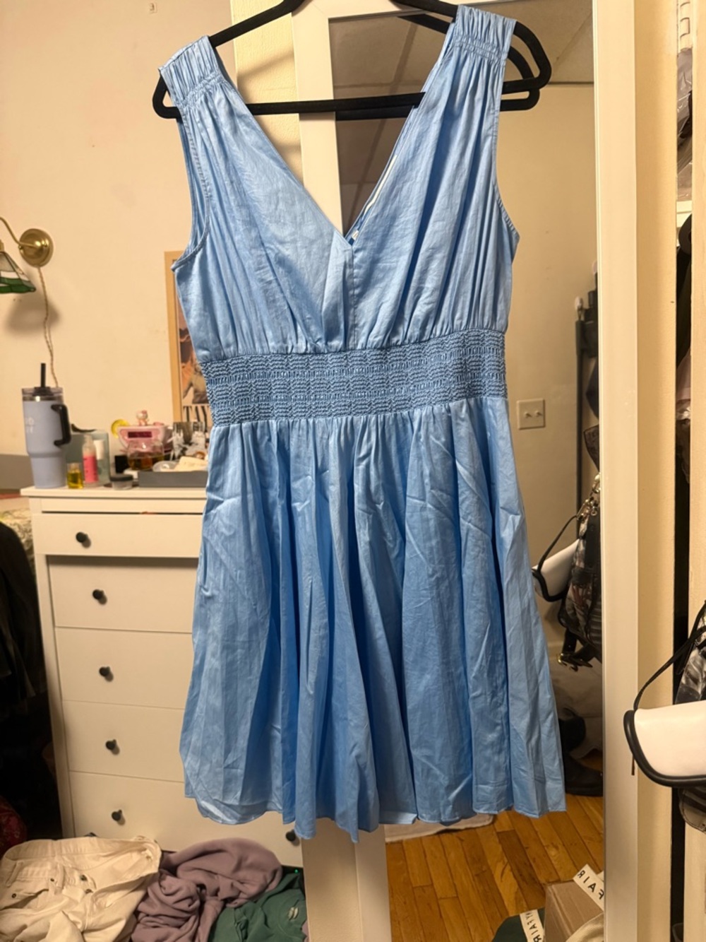 Rebecca Taylor Sky Blue V-Neck Smocked-Waist Mini Dress